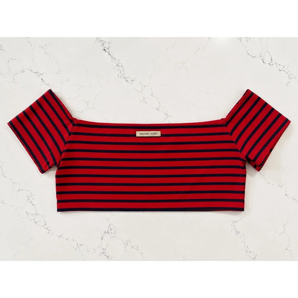 MICHAEL Michael Kors Striped Bikini Top Size M Red Navy Short Sleeve‎ Swim